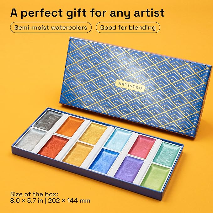 ARTISTRO Professional Metallic Watercolor Paint Set for Adults - 12 Pigment-Rich Metallic Colors, XL Pans, ASTM-I Lightfastness, High Tinting Strength Watercolor Set for Professionals made by professionals-CubbioJoy