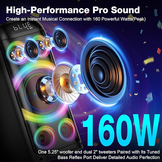 Bluetooth Speaker, 160W Peak Powerful Loud Stereo Sound Deep Bass Wireless Boombox Portable Large Party Speakers with Subwoofer TWS Pairing Dynamic LED Light for Outdoor Camping Backyard Events-CubbioJoy