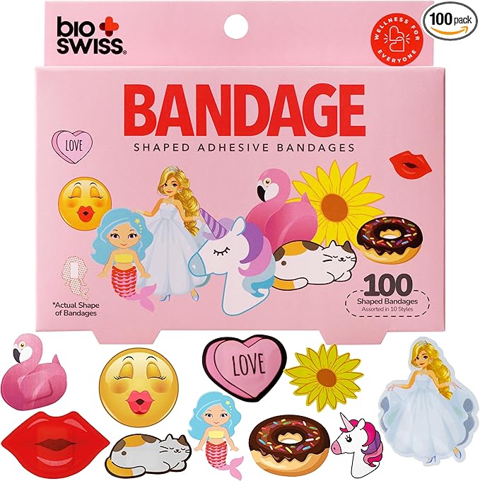 BioSwiss Bandages, Assorted Animal, Fun and Food Shaped Self Adhesive Bandage for Girls, Latex Free Sterile Wound Care, 100 Count-CubbioJoy