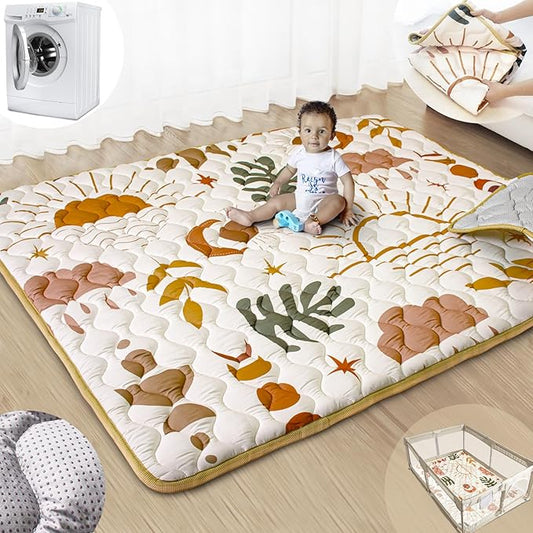 Baby Play Mats for Floor, 71”x59” Upgraded Thickness & Larger Super Soft Playmat for Babies and Toddlers, Foldable Washable, Upgrade Anti-Slip Crawling Mat for Playpen(Boho Nature)-CubbioJoy