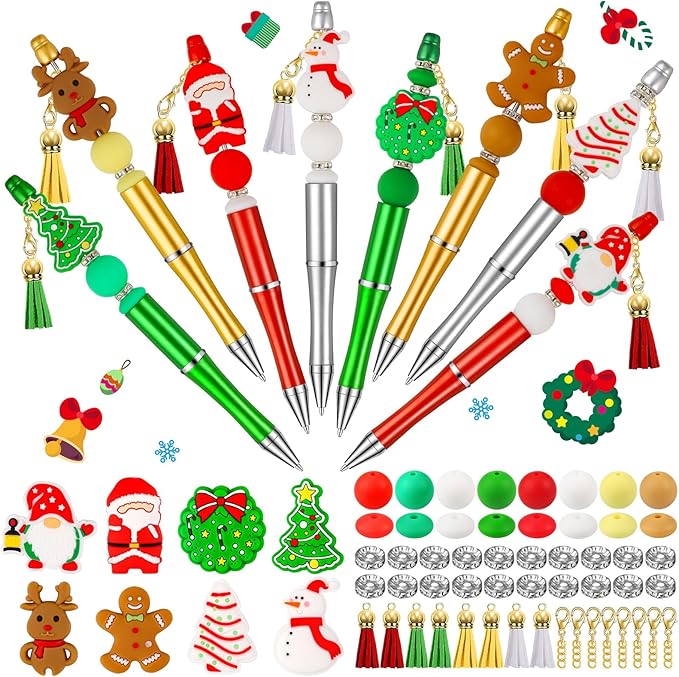 CZWZ 8 Pcs Christmas Beadable Pens, Plastic Beadable Pens with Multicolor Silicone Beads, Christmas Snowman Pine Tree Floral Hoop Deer Pens for Christmas Gifts Office School Supplies-CubbioJoy