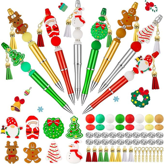 CZWZ 8 Pcs Christmas Beadable Pens, Plastic Beadable Pens with Multicolor Silicone Beads, Christmas Snowman Pine Tree Floral Hoop Deer Pens for Christmas Gifts Office School Supplies-CubbioJoy