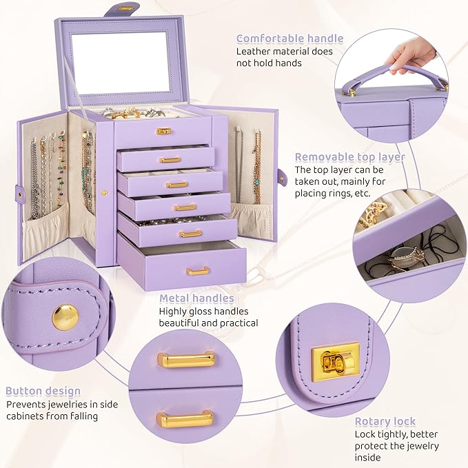 AKOZLIN Jewelry Box Organizer Functional Leather Jewelry Storage Case for Women Girls Ring Necklace Earring Bracelet Holder Organizer with Mirror Purple-CubbioJoy