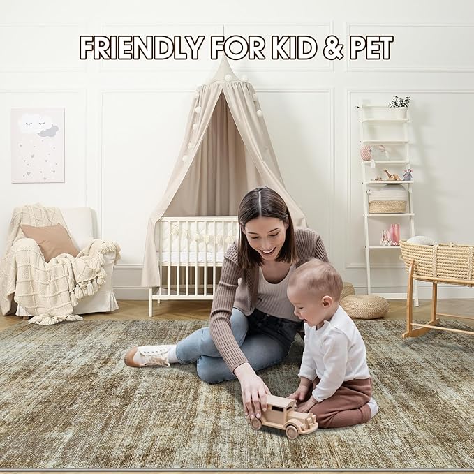 Area Rug 9x12 Washable Rugs: Abstract Large Living Room Rugs with Non-Slip Backing, Thin Carpet for Dining Room Table Bedroom Nursery Indoor Home Office-Brown-CubbioJoy