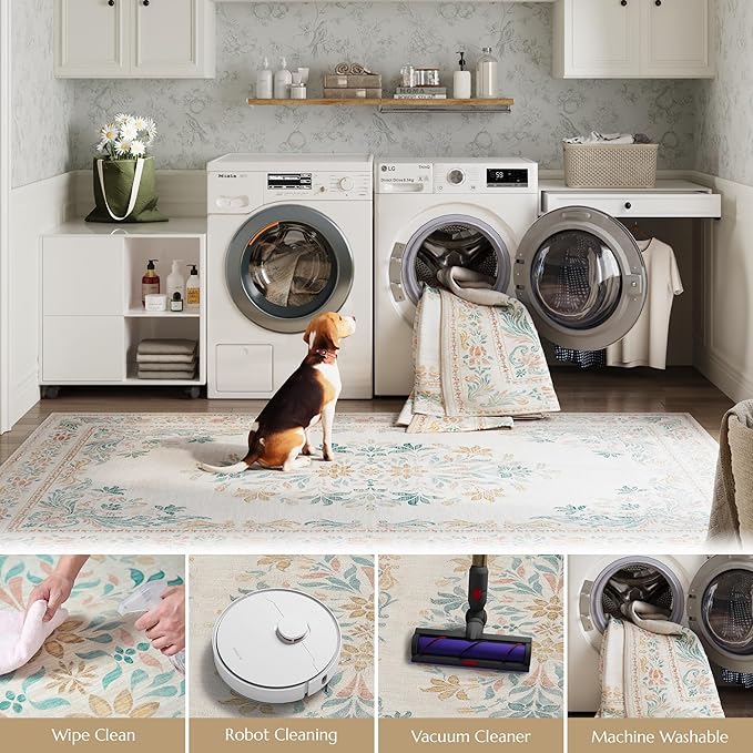 jinchan Vintage Floral Runner Rug 2x6 - Machine Washable Distressed Design Non-Slip Low-Pile Soft Thin Carpet for Hallway Kitchen Farmhouse Bedroom Entryway Laundry Room (2x6ft,Apricot Multi)-CubbioJoy