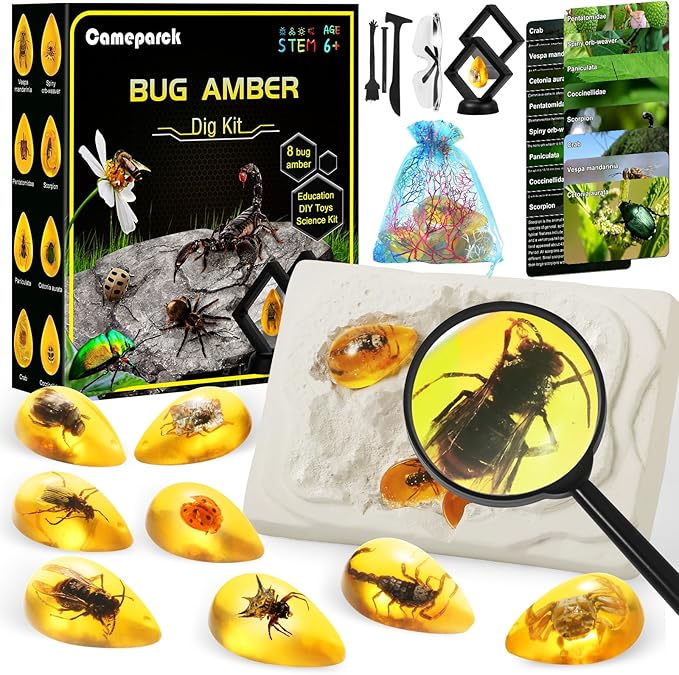 Bigger Amber Dig Kit - 8 Different Artificial Insect Resin,Excavate Unique Insect Specimens,Bugs Toys Educational Science Kits Toys for Kids,STEM Projects Gift for Girls & Boys Age 6-8-12-14 Year Old-CubbioJoy
