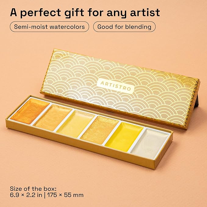 ARTISTRO Professional Metallic Watercolor Paint Set for Adults - 6 Pigment-Rich Gold Colors, XL Pans, ASTM-I Lightfastness, High Tinting Strength Watercolor Set for Professionals made by professionals-CubbioJoy