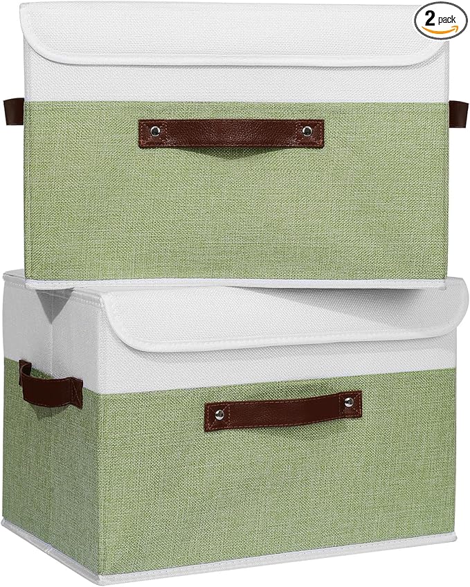 ANMINY 2PCS Storage Boxes with Lid Washable Decorative Storage Bins Basket with PU Leather Handle Foldable Linen Fabric Storage Cubes Containers for Home Closet Organizer - Green White, Large Size-CubbioJoy