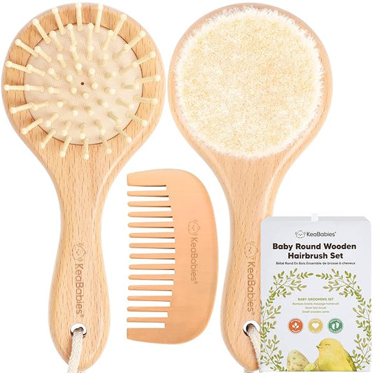 Baby Hair Brush and Comb Set for Newborn - Wooden Baby Hair Brush Set with Soft Goat Bristle, Baby Brush Set for Newborns, Baby Brush and Comb Set Girl, Boy, Toddler Cradle Cap Brush (Round, Walnut)-CubbioJoy
