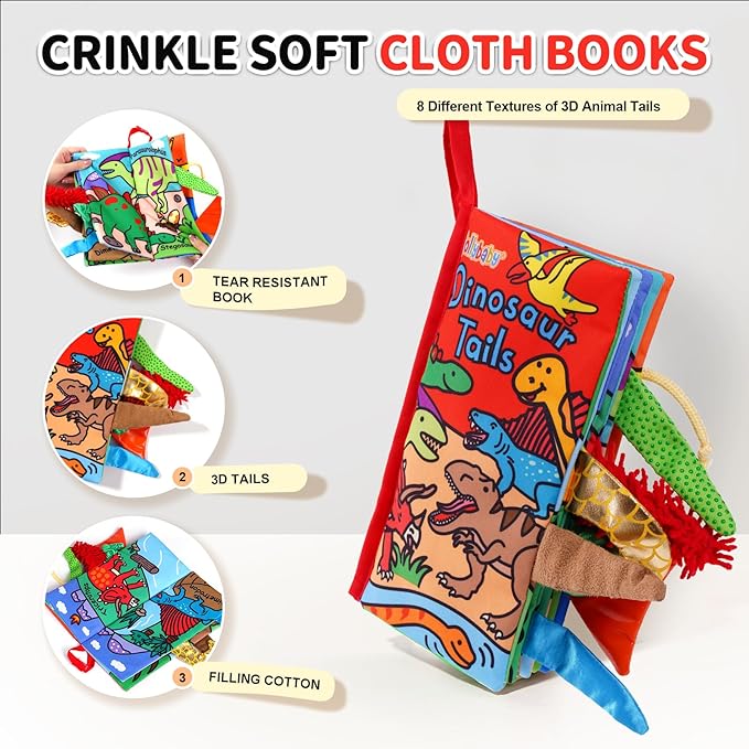 Jollybaby Baby Books 0-6 Months, Touch and Feel Crinkle Soft Cloth Books for Infants Babies, Toddler Early Educational Interactive Stroller Sensory Toys, Baby Girl & Boy Gift(Dinosaur Tails)-CubbioJoy