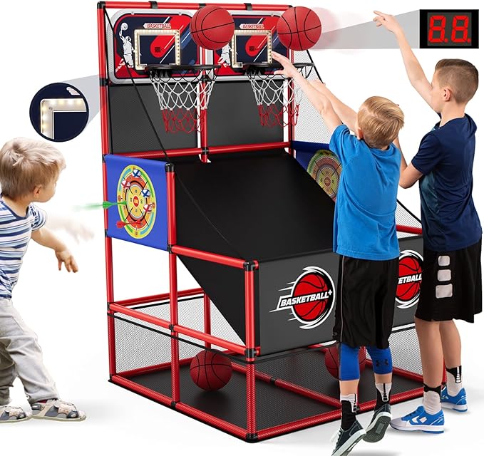 2 in 1 Dual Shot Basketball Arcade Game with 2 Dart Boards/Electronic Scoreboard/LED Light, Kids Basketball Hoop for Home Indoor Outdoor, Sport Toys Gifts for Boys Girls-CubbioJoy