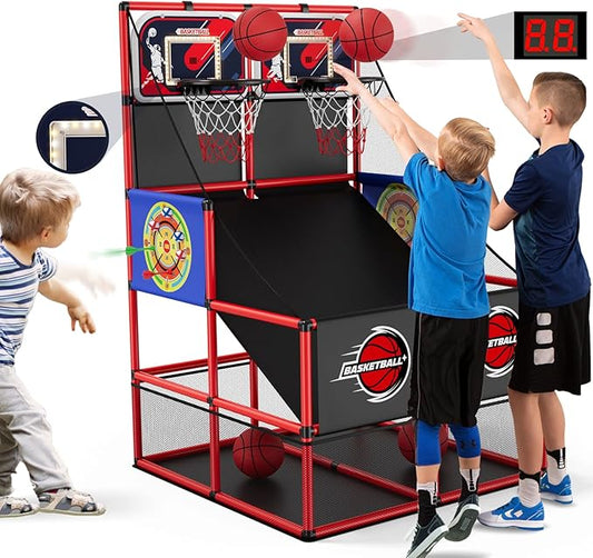 2 in 1 Dual Shot Basketball Arcade Game with 2 Dart Boards/Electronic Scoreboard/LED Light, Kids Basketball Hoop for Home Indoor Outdoor, Sport Toys Gifts for Boys Girls-CubbioJoy