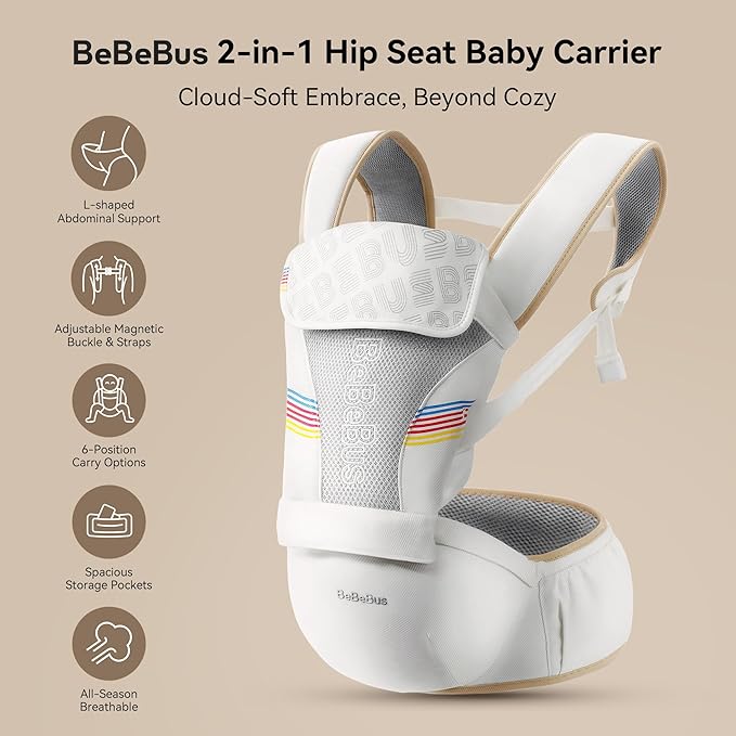 Baby Carrier with Hip Seat, BeBeBus 2-in-1 Ergonomic Newborn to Toddler Carrier up to 44 lbs, Detachable Hands-Free for Infant, All Season Forward-Facing Carry, Fits Waist Sizes up to 38 inch (White)-CubbioJoy