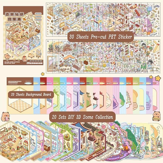 20 Sets DIY 3D Sticker Scenes for Adults Relief Stress, Cute Kawaii 3D House Sticker Therapy for Women Teen Girls Kids Pass The Time, Make Your Own Mini Room Scene Collection Book with Tweezer-CubbioJoy
