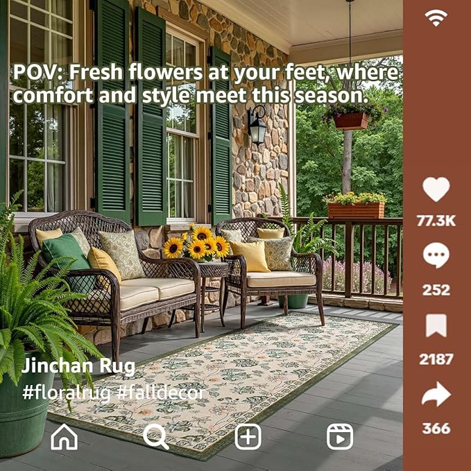 jinchan 3x10 Floral Runner Rug for Hallway Washable Kitchen Runner Vintage Romance Design Non Slip Thin Indoor Floor Cover Low-Profile Throw Carpet for Entryway Bathroom Bedroom Porch, Green/Beige-CubbioJoy