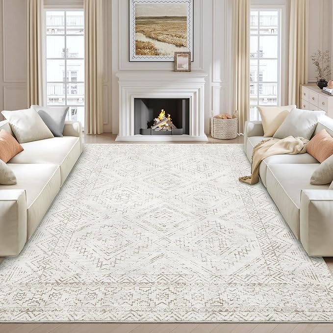 COZYLOOM 10x13 Area Rug Living Room Washable Rugs Stain Resistant for Bedroom Soft Floor Carpet Non Slip Distressed Geometric Carpet for Dining Room Laundry Room Office, Ivory-CubbioJoy