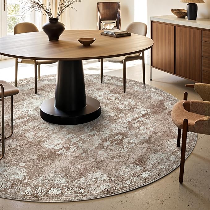jinchan Round Rug 6ft Area Rug - Brown Vintage Floor Mat Kitchen Indoor - Washable Circle 6' Thin Floral Print Carpet Retro Farmhouse Non Slip Dining Room Living Room Bedroom Office-CubbioJoy