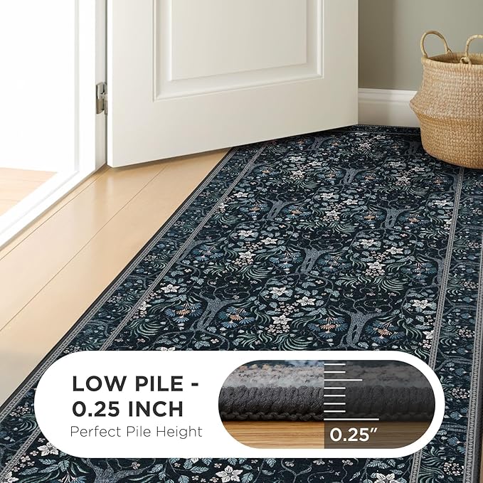 Joydeco Floral Washable Runner Rug for Kitchen, Forest Hallway Rug Runner 2x6 Non Slip, Boho Botanical Ultra-Thin Soft Indoor Floor Throw Carpet for Bathroom Entryway Foyer, Blue-Black-CubbioJoy
