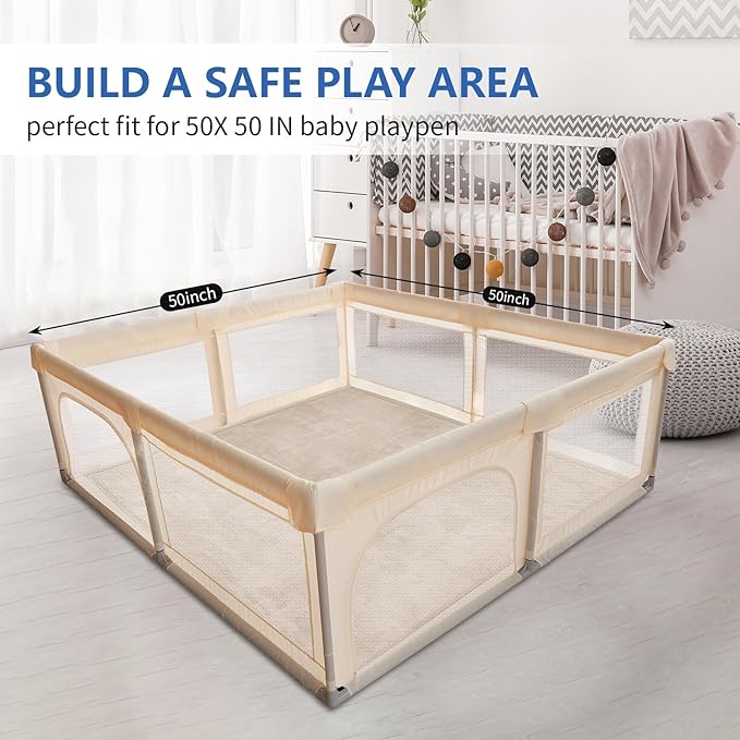 Baby Play Mat for Floor, 1.3" Thick Elasti-Foam 50x50 Playpen Mat for Toddlers Infant kids,Water-Repellent Soft Coral Velvet for Tummy Time, Non-Slip Backing for Crawling,Tatami Style(Beige)-CubbioJoy