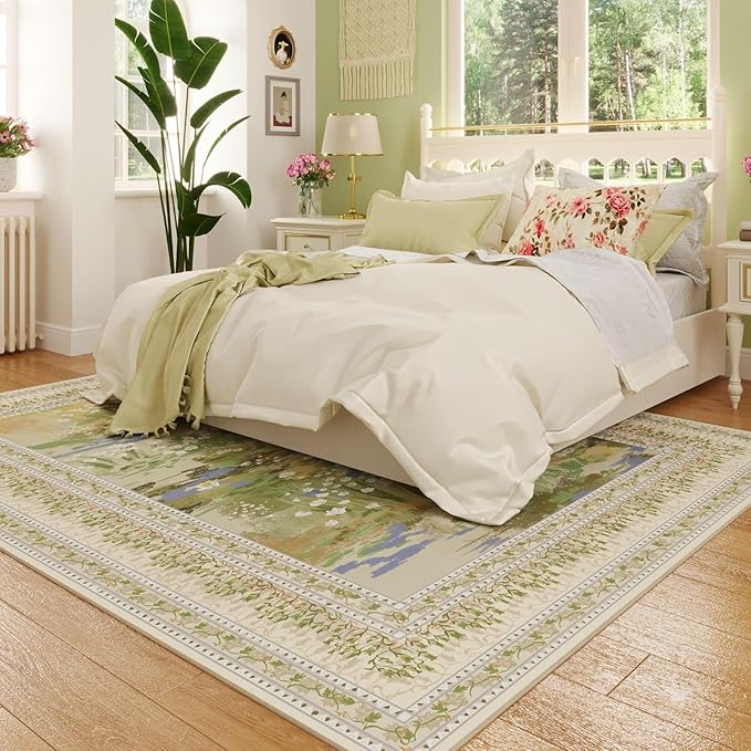 Area Rugs 8x10 Clearance Impressionist-Style Vintage Washable Area Rug Non Slip Low Pile Large Rug for Bedroom Farmhouse Dining Room Kids Playroom, Beige-CubbioJoy