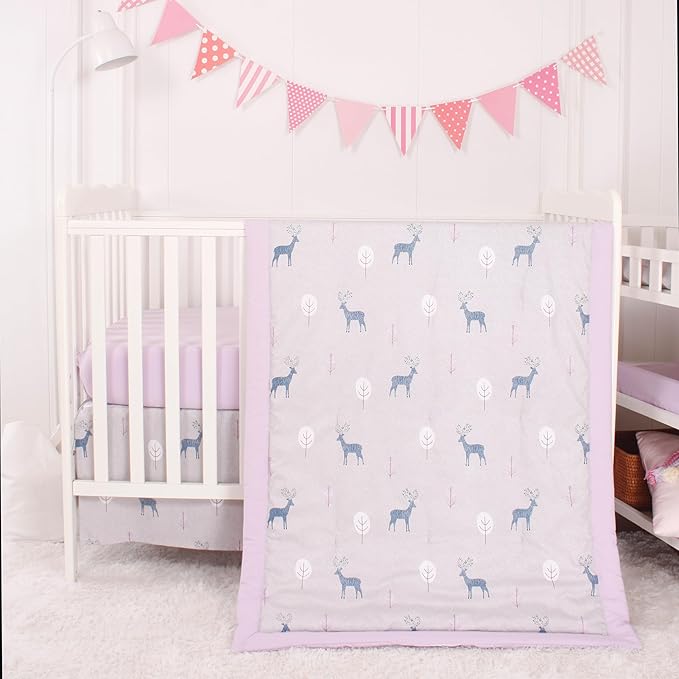 CaSaJa Baby 3-Piece Crib Bedding Set for Boys Girls, Including Soft Quilted Comforter(Blanket), Fitted Crib Sheet and Skirt, Soft Nursery Bedding Set Made of Silky Comfy Materials, Reindeer Forest-CubbioJoy