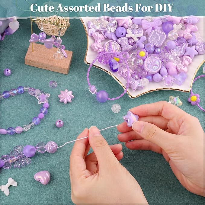 Assorted 170-230PCS Purple Acrylic Beads for Bracelet Making, Flower Bow Butterfly Candy GummyBear Aesthetic Bracelet Charms,Cute Beads for Jewelry Making DIY Necklace Keychain Phone Charm-CubbioJoy