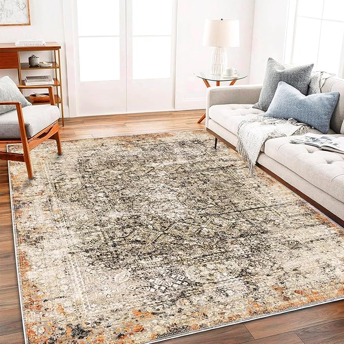 Area Rug 9'x12' Washable Vintage Traditional Mat Distressed Indoor Foldable Thin Retro Accent Floral Print Non Slip Carpet for Living Room Dining Room Office Large Rugs-CubbioJoy