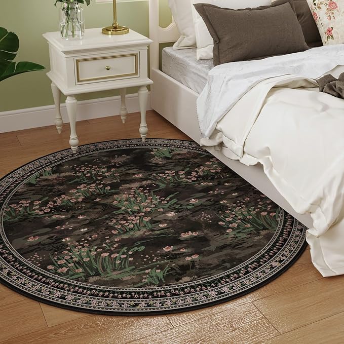Circle Rug Impressionist-Style Vintage Round Rug 4ft Non Slip Low Pile Small Circular Rug for Bedroom Bathroom Entryway Kids Room Office College Dorm, Black-CubbioJoy