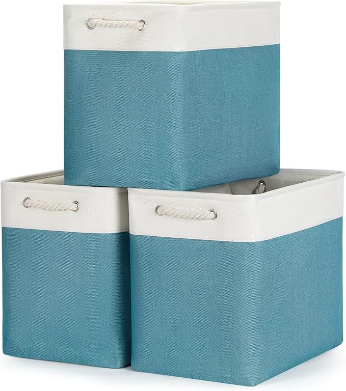 Bidtakay Extra Large Storage Baskets for Shelves 3 Pack Fabric Storage Bins for Organizing Linen Collapsible Organizer for Closet-White&Teal-CubbioJoy