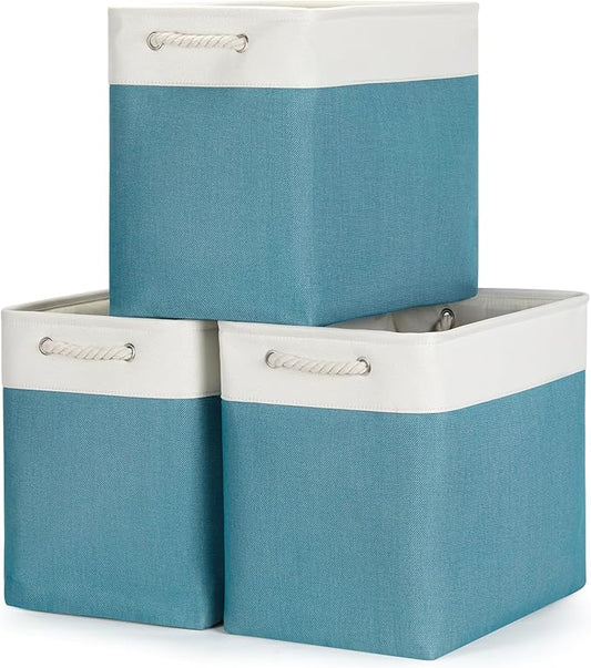 Bidtakay Extra Large Storage Baskets for Shelves 3 Pack Fabric Storage Bins for Organizing Linen Collapsible Organizer for Closet-White&Teal-CubbioJoy