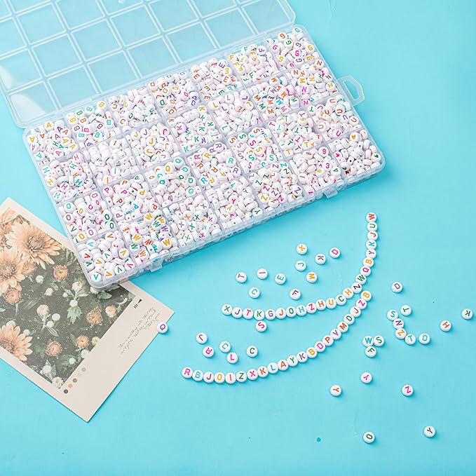 1400pcs Letter Beads, 4x7 mm Acrylic Alphabet Beads, Beads for Jewelry and Bracelet Making, in 28 Grid Box (White and Colorful)-CubbioJoy