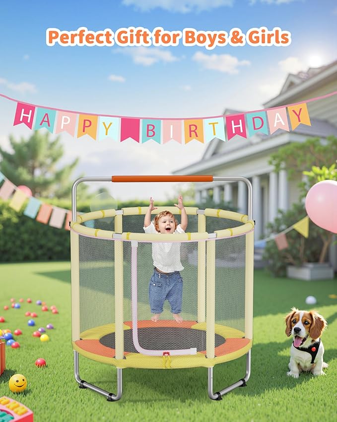 55” Trampoline for Kids, Powder-Coated Mini Trampoline for Toddlers, Indoor Outdoor Toys with Adjustable Gymnastics Bar, Swing, Basketball Hoop, Birthday Gifts for Boys & Girls Ages 1-8-CubbioJoy