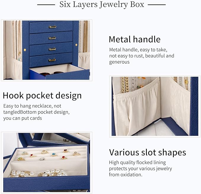 AKOZLIN Large Jewelry Box Organizer Functional Lockable with Big Mirror, Leather Jewelry Storage Case for Women Girls Ring Necklace Earring Bracelet Holder Organizer Blue-CubbioJoy