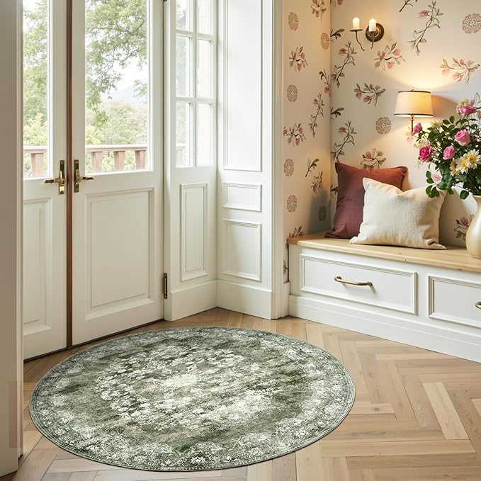 jinchan Round Rug 4ft Area Rug - Green Vintage Floor Mat Kitchen Indoor - Washable Circle 4' Thin Floral Print Carpet Retro Farmhouse Non Slip Dining Room Living Room Bedroom Office-CubbioJoy