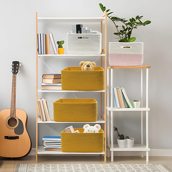 COMFY-HOMI Cotton Rope Woven Basket with Handles for Shelves,Toys,Book, Cloth Storage Baskets for Organizing-17" x 13" x 7.5" Toy Decorative Organizer for Living Room, Bathroom （Yellow）-CubbioJoy