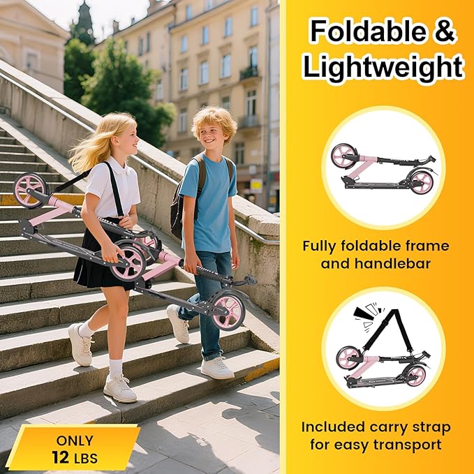 Kick Scooter for Kids Teens & Adults, 4 Adjustable Heights, 8IN All Terrain Big Wheels, Dual Brakes & Dual Suspension, Foldable and Lightweight, Gifts for Girls Boys-CubbioJoy