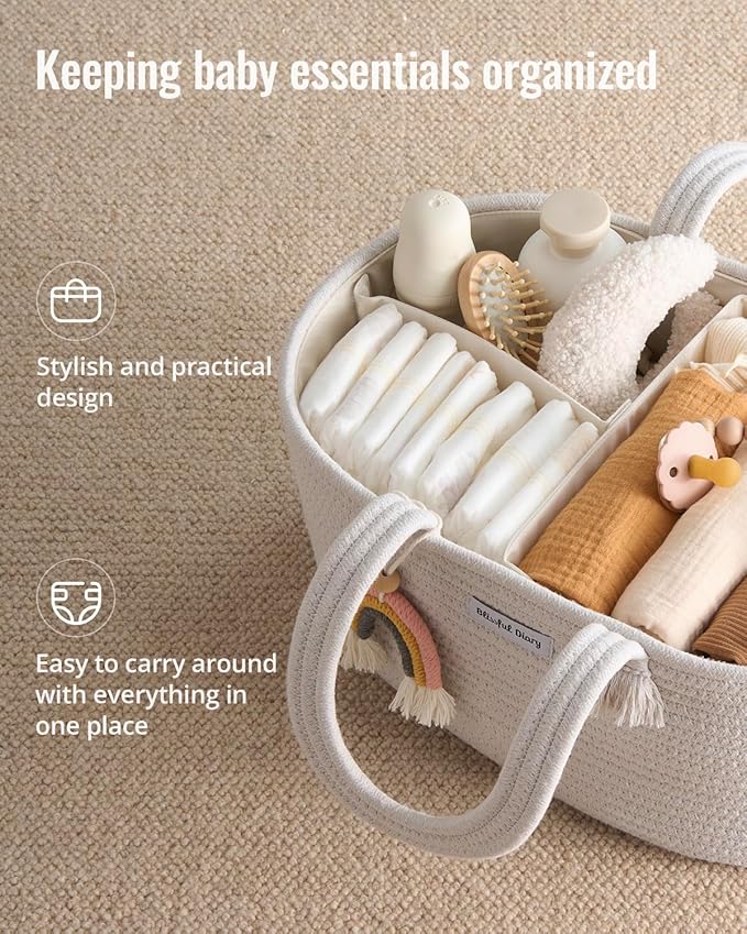 Blissful Diary Baby Diaper Caddy Organizer, Cotton Rope Diaper Caddy Basket, Oval Storage Basket, Gift for Baby Shower, Newborn Essentials, Beige-CubbioJoy