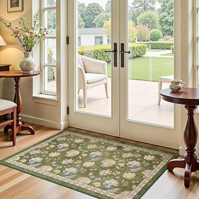 jinchan 3x5 Floral Rug for Entryway Washable Kitchen Rug Vintage Romance Design Small Mat Non Slip Indoor Doormat Lightweight Low-Profile Throw Carpet for Entrance Bathroom Laundry Room, Green-CubbioJoy