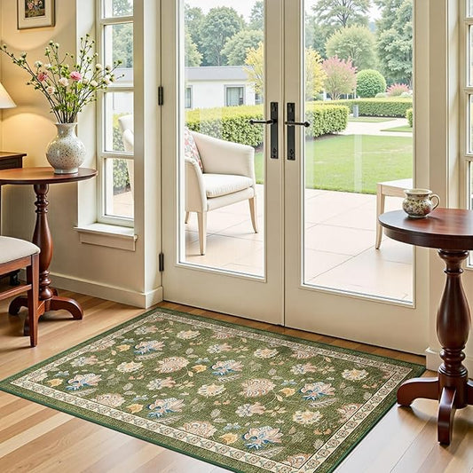 jinchan 3x5 Floral Rug for Entryway Washable Kitchen Rug Vintage Romance Design Small Mat Non Slip Indoor Doormat Lightweight Low-Profile Throw Carpet for Entrance Bathroom Laundry Room, Green-CubbioJoy