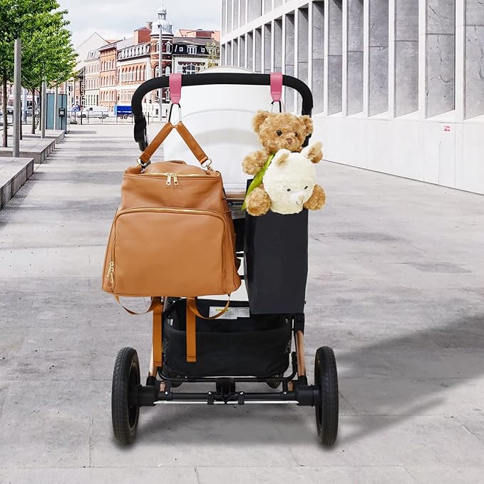 2 Pcs Stroller Hooks for Hanging, Portable Leather Style Stroller Clip Straps, Baby Stroller Hooks for Diaper Bags Grocery Shopping Bags, Mommy Hook for Stroller(Pink)-CubbioJoy