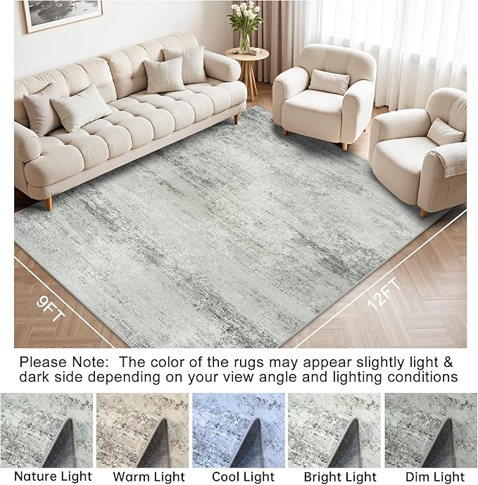 Area Rug 9x12 Washable Rugs: Abstract Large Living Room Rugs with Non-Slip Backing, Thin Carpet for Dining Room Table Bedroom Nursery Indoor Home Office-Gray-CubbioJoy