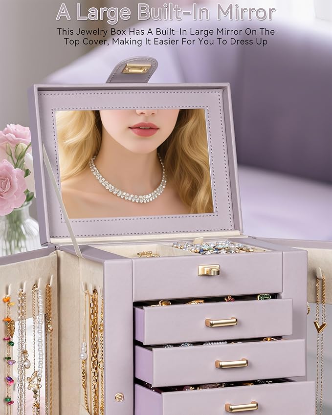 AKOZLIN 360° Rotating Jewelry Box 6-Tier Organizer Functional Jewelry Storage Case for Women Girls Ring Necklace Earring Bracelet Holder with Mirror Purple-CubbioJoy