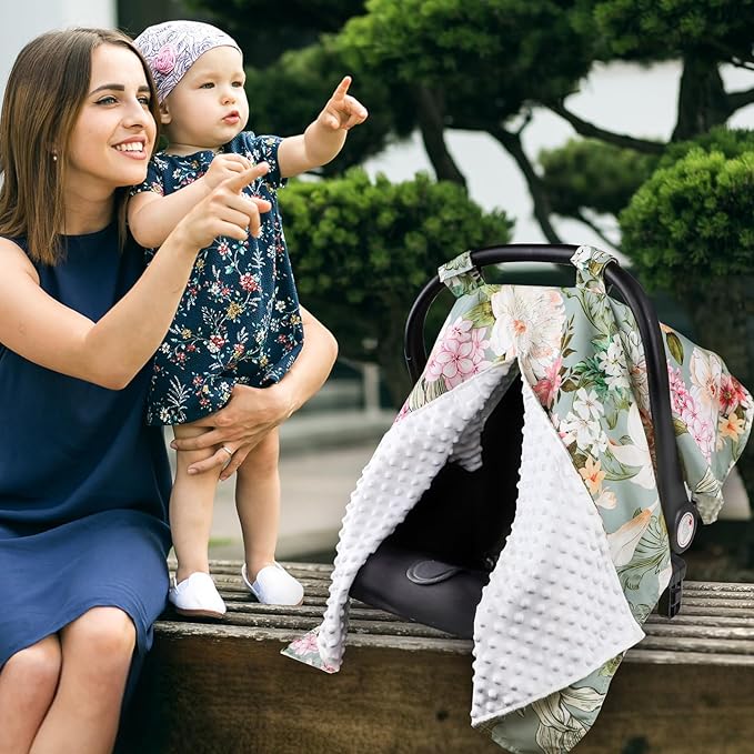 Car Seat Cover Baby, Flroal Infant Car Seat Canopy Covers for Newborn Girls Boys, Soft Breathable Minky Carseat Covers Stretchy Multi-Use Nursing Cover for Stroller Baby Car Seat, Green Leaf-CubbioJoy