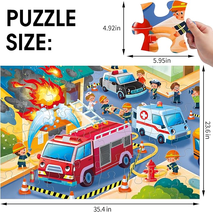 Jumbo Floor Puzzle for Kids,Fire Rescue Jigsaw Large Puzzles,48 Piece Firefighter Fireman Fire Truck Puzzle for Toddler Ages 3-5,Children Learning Preschool Educational Toys,Gift for 4-8 Years Old-CubbioJoy