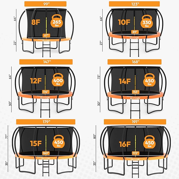 JUMPZYLLA Trampoline Outdoor 8FT 10FT 12FT 14FT 15FT 16FT with Enclosure and Ladder, ASTM Approved Recreational Trampoline for Kids and Adults, Anti-Rust Coated Frame-CubbioJoy