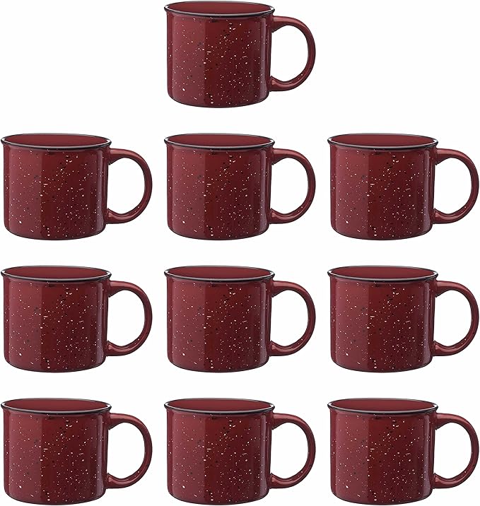 DISCOUNT PROMOS Ceramic Campfire Coffee Mugs 13 oz. Set of 10, Bulk Pack - Perfect for Tea, Espresso, Cappuccino, Hot Cocoa - Maroon-CubbioJoy