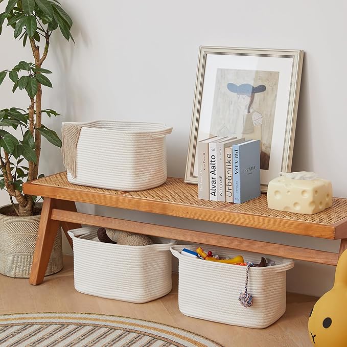 3 Packs Cotton Rope Woven Basket With Handles for Shelves -15"*10.2"*9.1"(White)-CubbioJoy