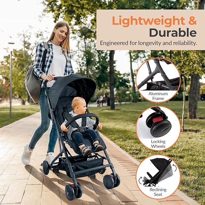 Jovial Lightweight Baby Stroller, Folding Travel Stroller with Reclining Seat, Canopy, 5-Point Safety Harness, Storage Basket, Smooth Wheels, Compact Portable Design (39.8" x 18.7" x 32.3")-CubbioJoy