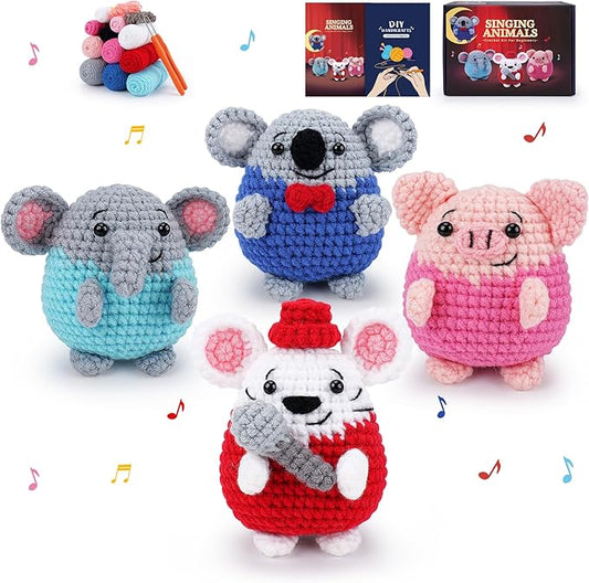 Crochet Kit for Beginners - 4 PCS Crochet Starter Kit with Step-by-Step Video Tutorials, for Adults Kids - Elephant Mouse Pig Koala Microphone Crocheting Set-CubbioJoy
