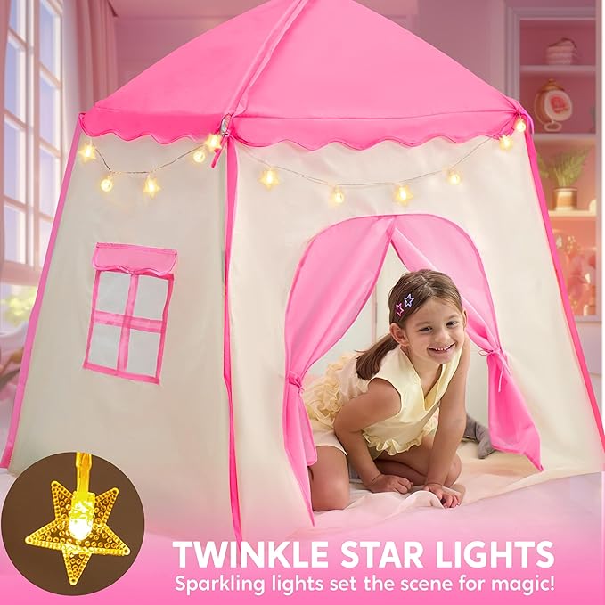 JOYIN Pink Princess Tent for Girls with LED Star Lights-Indoor & Outdoor Large Playhouse Kids Castle Play Tent for Children Indoor and Outdoor Games-CubbioJoy